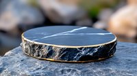 Elegant black marble podium with gold rim on natural stone surface for luxury product display and premium brand presentation in outdoor setting.