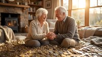 Happy senior Caucasian couple enjoying puzzle time together in cozy living room with fireplace and warm sunlight streaming through windows.