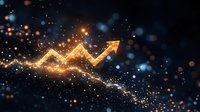 Glowing golden arrow chart rising upward with sparkling particles against dark blue background, symbolizing financial growth and business success.