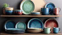 Handcrafted ceramic dinnerware collection in blue, green and burgundy colors displayed on wooden shelves with succulent plant decoration. Modern rustic tableware set.