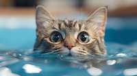 Curious cat swimming in blue water with only head visible above surface, showing wide-eyed expression and wet fur. Great for pet care and lifestyle content.