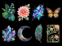 Botanical and nature design elements collection featuring watercolor foliage, blooming dahlia flower, abstract paint splashes, monarch butterfly, crystal cluster, celestial moon, decorative feather, and ornamental floral frame. Isolated on transparent background, ready for t-shirts, clipart, stickers, and print-on-demand projects.