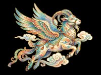 Ornate winged goat with decorative patterns isolated on transparent background, ready for t-shirt design, clipart, stickers, sublimation and print-on-demand projects.
