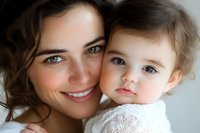 Young Caucasian mother with dark hair and bright smile holding sweet toddler daughter in white lace dress against light background, close-up portrait showing loving bond.