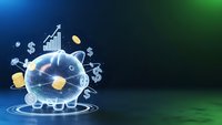 Transparent piggy bank with floating financial icons and growth charts on blue green gradient background for investment and savings concepts.