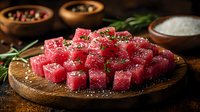 Fresh raw tuna cubes seasoned with sesame seeds and spices on wooden board, dark moody background with ingredients for Asian cuisine preparation.