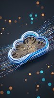 Futuristic cloud computing concept with glowing digital data streams and circuit patterns on dark background for technology presentations.