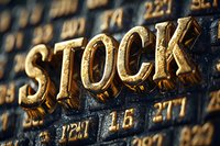 Golden metallic word STOCK on dark financial data background with numbers, highlighting investment and trading concept on stock market exchange board.