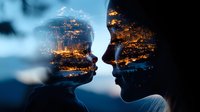 Double exposure silhouette of couple faces merged with glowing night city lights creating romantic urban mood in blue and orange tones. Artistic photography concept.