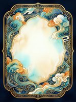 Ornate golden frame with swirling clouds in blue and orange hues on dark background. Decorative border with celestial motifs for luxury design projects.