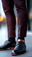 Close-up of elegant black leather dress shoes with brown accents and burgundy pants, showcasing modern men's fashion style against blurred bokeh background.