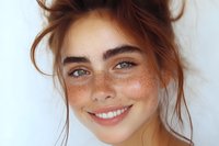 Young woman with natural freckles and messy bun hairstyle smiling genuinely against white background, showcasing fresh-faced beauty and authentic expression.
