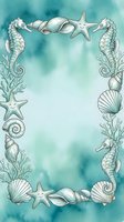 Underwater frame with seahorses, starfish, shells and coral on turquoise watercolor background. Isolated border design for invitations, cards, posters and marine-themed projects.