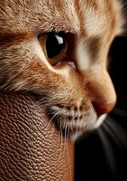 Extreme close-up of ginger cat's face showing detailed amber eye, whiskers and fur texture against dark background. Artistic macro photography for pet portraits.