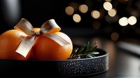 Fresh orange citrus fruits decorated with elegant beige satin bow on black textured plate against dark background with golden bokeh lights and rosemary sprig.