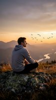 Young man in hoodie sitting on mountain rock watching sunset with flying birds over valley landscape for meditation and mindfulness concepts.