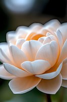 Delicate white lotus flower with soft peach center in macro view shows layered petals against dark background, creating serene natural composition for wellness designs.