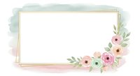 Watercolor floral frame with gold border and pastel flowers, isolated on white background for invitations, greeting cards, and design projects.