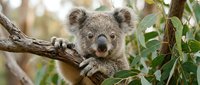 Adorable koala bear sitting on eucalyptus tree branch in natural habitat. Wildlife conservation and Australian native animals concept for educational materials.