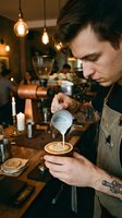 Professional barista creating latte art in cozy coffee shop with warm lighting and vintage industrial decor for hospitality business marketing.