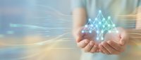 Businessman hands holding glowing digital network connections with futuristic technology interface and data visualization for innovation concepts.