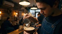 Young Caucasian male barista pouring steamed milk into aromatic coffee cup, creating latte art in cozy cafe interior with warm lighting.