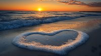Ocean waves create heart-shaped foam pattern on sandy beach at dramatic sunset with orange sky and golden sun reflection on water surface.