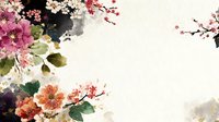 Delicate watercolor floral composition with pink, orange, and white blossoms on cream background, creating elegant Asian-inspired botanical art.
