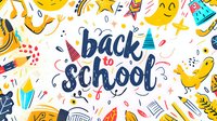 Cheerful back to school pattern with yellow chicks, stars, pencils and school supplies in doodle style on white background. Seamless repeat design for educational materials.