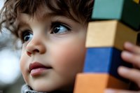 Close up portrait of young child with curious expression playing with colorful building blocks, showing cognitive development and early learning through play.