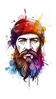 Watercolor portrait of bearded man in knit hat with colorful paint splashes and dripping effects on white background for creative design projects.