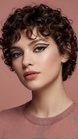 Young woman with short curly brown hair and dramatic winged eyeliner makeup on pink background for beauty and fashion campaigns.