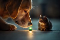 Curious dog and cat investigating glowing green light together on floor, dramatic lighting creates magical mood in dark room, friendship between pets.