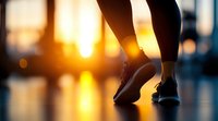 Runner's feet in athletic shoes silhouetted against golden sunset reflection on wet surface, creating dramatic bokeh effect and inspiring mood for fitness goals.