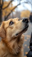 Close-up portrait of attentive golden retriever with bright blue eyes looking up against blurred autumn background, soft natural lighting highlights fur texture.