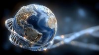 Glowing Earth globe with illuminated city lights on digital DNA strand against dark background, representing global genetic technology.
