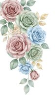 Watercolor roses bouquet in pastel colors with green leaves isolated on white background for wedding invitations and romantic design projects.