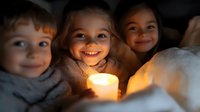 Diverse children enjoying cozy evening with warm candlelight, creating magical atmosphere under blankets during family sleepover or storytime.