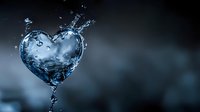 Heart-shaped water splash with droplets frozen in motion against dark background, creating romantic liquid art sculpture in cool blue tones.