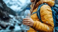 Hiker in yellow winter jacket holding water bottle during snowy mountain trek, focus on hydration with blurred alpine landscape background.