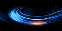 Dynamic blue light trails with orange accent swirling against black background create modern abstract wave pattern, suitable for technology and motion concepts.