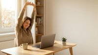 Young Caucasian woman stretching arms above head while working from home office with laptop on wooden desk near window for wellness and productivity.