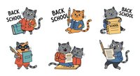 Cartoon cats with school supplies and back to school text, isolated on white background, ready for educational materials, children's designs, and classroom clipart applications.