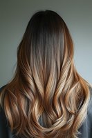 Back view of long wavy brown hair with caramel balayage highlights showing professional salon styling result against dark background.