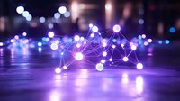 Digital network connections with glowing nodes and lines on reflective surface against blurred city lights background for technology concepts.