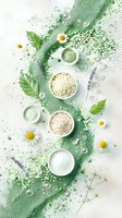 Natural spa cosmetic ingredients with bath salts, green powder, chamomile flowers, lavender and crystal beads on light background. Wellness concept.