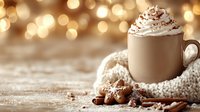 Warm mug of hot chocolate topped with whipped cream and cinnamon, surrounded by cozy knit fabric and gingerbread cookies against golden bokeh lights.