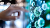 Microscopic virus cells in blue and green colors with blurred human hand reaching towards them, scientific medical research concept for healthcare and disease study.