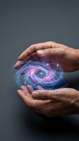 Protective hands cupping glowing digital brain with neural networks and cosmic energy effects on dark background for technology concepts.