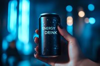Black aluminum can with energy drink text held in hand against blurred blue neon lights background creating modern night urban atmosphere.